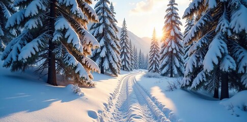 Sunlit Winter Hiking Trail Snow Covered Trees and Tranquil Woods, Perfect for Adventure Travel and Nature Photography