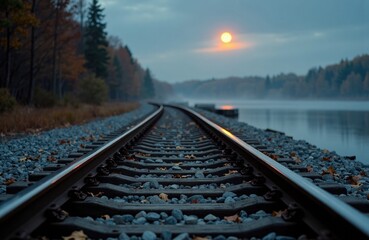 Fototapeta premium Sunset over railway tracks running alongside a calm river with trees on both sides