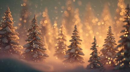 Magical winter forest with glowing Christmas lights and snowy fir trees — festive background for holiday greeting cards and seasonal banners