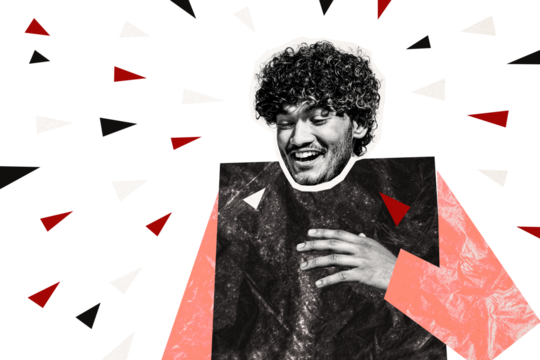 Composite photo collage of happy latin guy laugh joke curly hairdo leisure lifestyle good mood isolated on painted background - Powered by Adobe