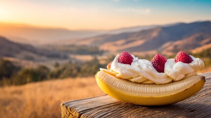 Close-up of a split banana, topped with whipped cream and strawberries, on a wooden surface