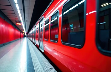 Red subway train parked in underground station with modern lighting and reflective windows
