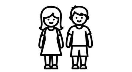 Black and White Boy and Girl Vector Icons – Full Body Front View Characters with Bold Outline, Minimal Line People Illustration Set