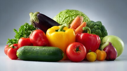 Studio shot of fresh colorful fruits and vegetables on a minimal background. Concept: Healthy eating, nutrition, fresh produce, wellness, clean eating, natural foods, vibrant food photography.