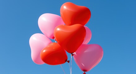 heart-shaped balloons in red and pink floating against a clear blue sky