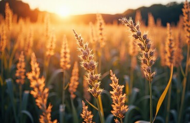 Fototapeta premium Golden wheat stalks sway in a sunlit field during sunset, creating a warm and peaceful rural scene