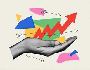 surreal collage of hand holding abstract arrows and shapes in vibrant colors symbolizing growth