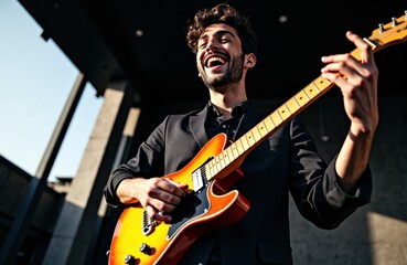 Obraz premium A young man playing an electric guitar outdoors with a joyful expression and modern architecture in the background