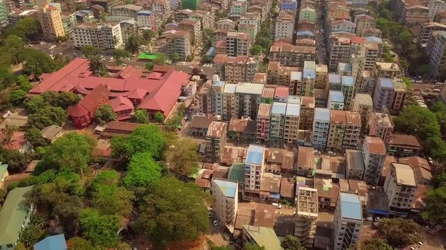  Futuristic aerial view panorama of developing Yangon city , Aerial view of Sule pagoda in downtown, Yangon, Myanmar. Sule Pagoda located in the heart of Yangon, Karaweik royal barge, Kandawgyi Lake, 