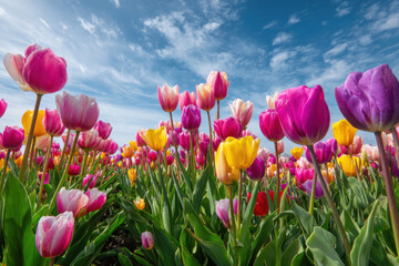 Vibrant tulip field with bright colors under blue sky, creating cheerful and lively atmosphere