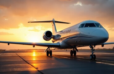 A private jet parked on the runway during a vibrant sunset sky