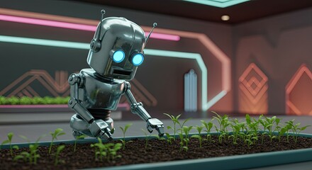 Futuristic robot diligently tending to young plants in a sleek, modern hydroponic farm, embodying innovation and sustainable growth for tomorrow's world