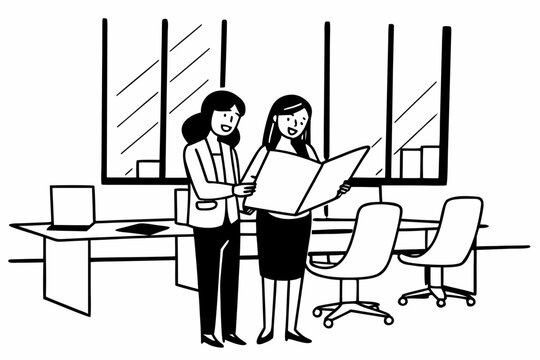 Two women reviewing joint project details, discussing commercial proposal standing in modern office, verifying printed documents or contracts, collaborating on creative ideas, planning upcoming tasks