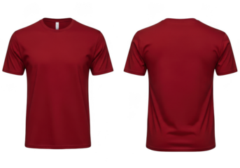 Front and back view of a deep red tshirt, ideal for displaying custom prints or showcasing the fit, isolated on transparent background