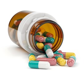 Close up of colorful pills spilling from an open medicine bottle suggesting healthcare concepts or potential issues with medications and prescription management