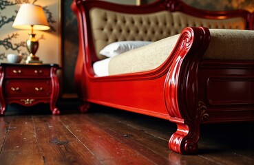 Luxurious red wooden bed with beige upholstered headboard in a warmly lit bedroom