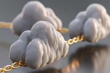 A surreal composition featuring cloud-like shapes connected by a golden chain, blending elements of nature and abstract art.