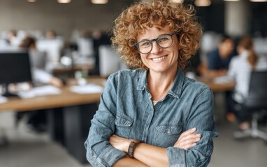 A cheerful woman with curly hair and glasses smiles confidently in a modern office environment, surrounded by colleagues working at their desks.