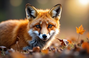 Obraz premium Red fox lying on autumn leaves in a forest setting with warm sunlight illuminating its face