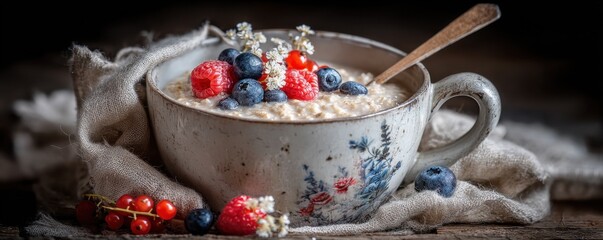 A cozy bowl of oatmeal topped with fresh berries and delicate flowers, perfect for a wholesome breakfast.