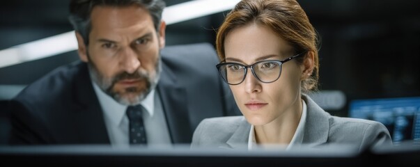 A focused duo analyzes data on a computer screen, showcasing a professional atmosphere in a modern, tech-driven environment.