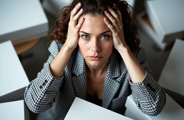 Woman stressed with hands on head surrounded by scattered papers in an office environment