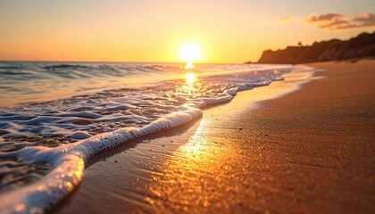 Golden Sunset Over Gentle Waves on Sandy Beach with Sparkling Water Reflections and Distant Hillside in Warm Orange and Yellow Tones
