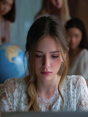 A focused young woman in a lace top sits before a computer, surrounded by others, highlighting themes of concentration and collaboration.