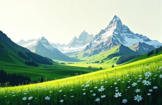 Vivid mountain landscape with lush green fields and blooming flowers under clear sky