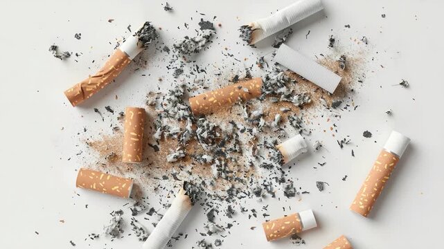 Video clip A pile of cigarettes and cigarette boxes on a table, often used in scenes for smoking habits or addiction