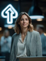 A confident woman in a professional setting stands before a glowing upward arrow, symbolizing growth and progress.