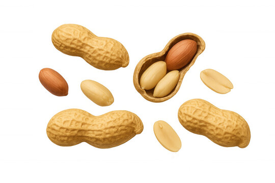 Peanuts falling, shelled and unshelled groundnuts, healthy snack food, transparent background