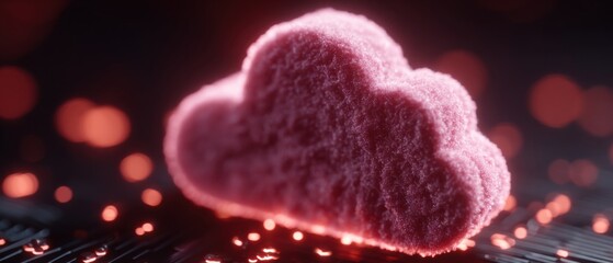 A pink, fluffy cloud-shaped object sits atop a dark surface, illuminated by soft red lights, creating an ethereal and whimsical atmosphere.