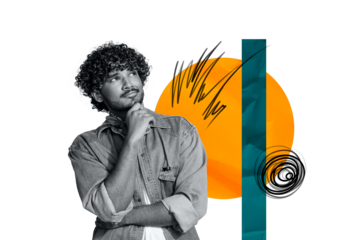Composite trend artwork sketch collage of young man student monochrome skin hand gesture think abstract space pensive ponder hair curls
