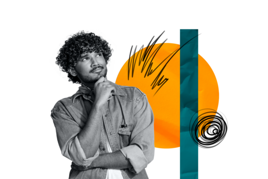 Composite trend artwork sketch collage of young man student monochrome skin hand gesture think abstract space pensive ponder hair curls