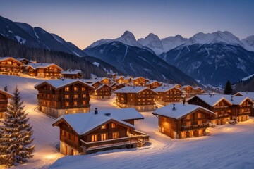 Fototapeta premium Ein malerisches Chalet-Dorf im Winter in den Alpen, beleuchtet bei Dämmerung
