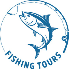 Fishing Tours Logo Featuring a Tuna Fish and Fishing Rod in a Circular Design Promoting Outdoor Adventures and Marine Life Exploration for Travel and Tourism