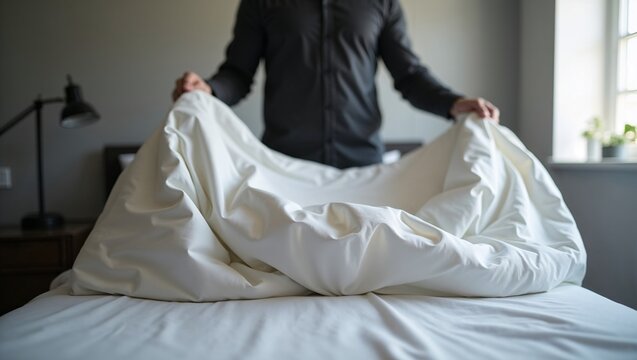 Man making bed in minimal grey bedroom with soft lighting - Powered by Adobe