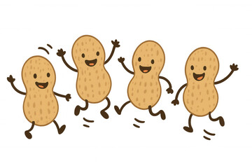Happy cartoon peanuts dancing, jumping, and having fun together, celebrating friendship and joy