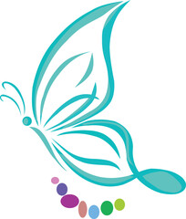 Stylized teal butterfly with colorful dots isolated on white background