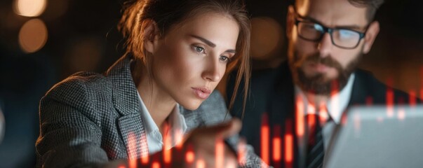 A focused professional discussion about financial analytics, featuring two individuals analyzing data on a laptop with graphical indicators in the foreground.