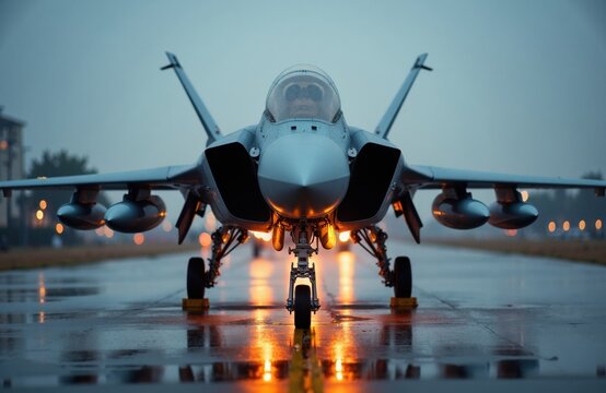 Fighter jet aircraft parked on wet runway at dusk with reflections and moody sky