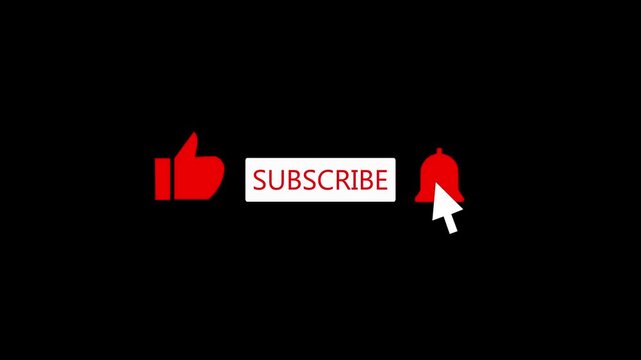 Animated subscribe button with cursor click and notification bell icon on dark background. Perfect for YouTube intros, social media videos, vlogs, and channel promotion. Ideal motion graphic element 