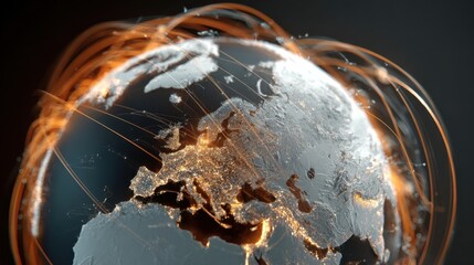 A digital rendering of Earth showcasing illuminated continents and interconnected data lines, symbolizing global connectivity and technology.