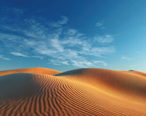 Golden sand dunes under clear blue sky with sunlight casting patterns on desert surface