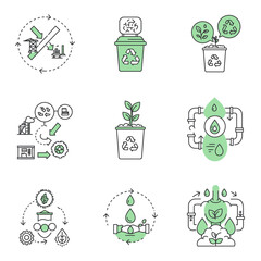 A diverse collection of elegant line art icons illustrating crucial sustainable practices such as recycling, water conservation, and circular economy principles.