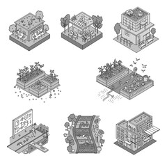 A diverse set of isometric line art illustrations showcasing sustainable urban living, green architecture, and innovative eco-farming concepts for cities.