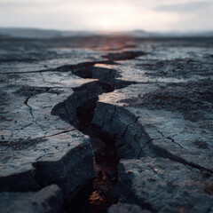 Cracked earth under dramatic sky, symbolizing climate change and drought