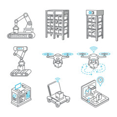 Line icons illustrate modern logistics automation with robotic warehouses, drone delivery, and smart inventory management, optimizing future supply chains.