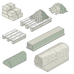An isometric illustration showcasing essential construction materials like concrete blocks, gravel, sand, and precast elements, vital for building and infrastructure projects.